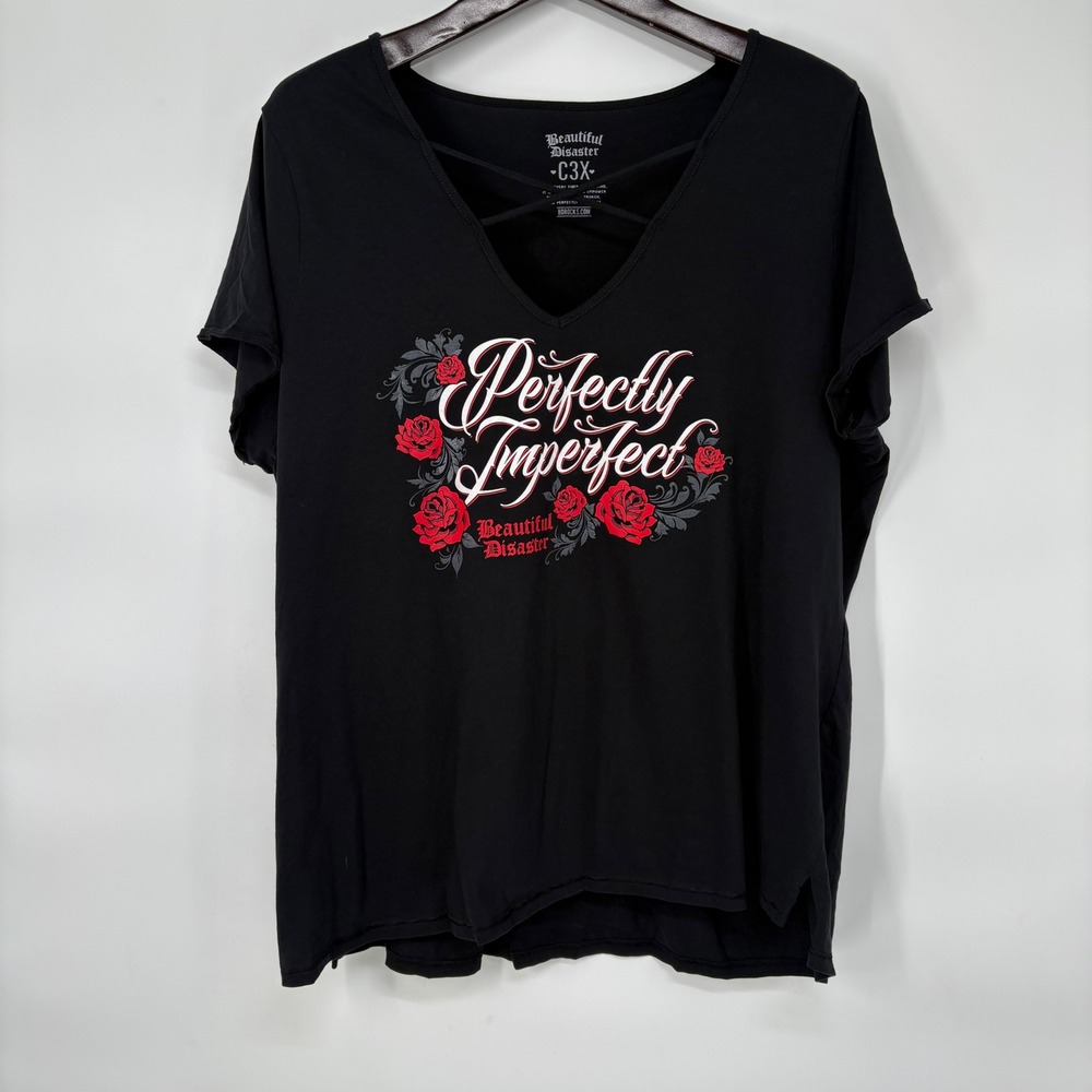 Beautiful Disaster Perfectly Imperfect Black Rose Graphic Strappy Tee C3X Plus